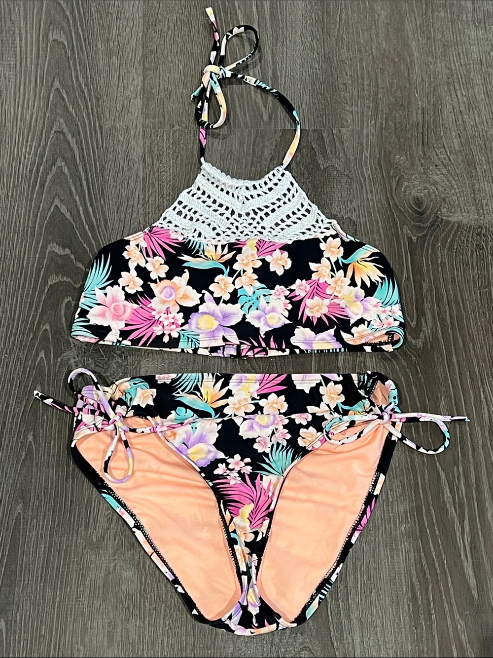 Hobie Black Floral Crochet Halter Bikini with Peach Lining